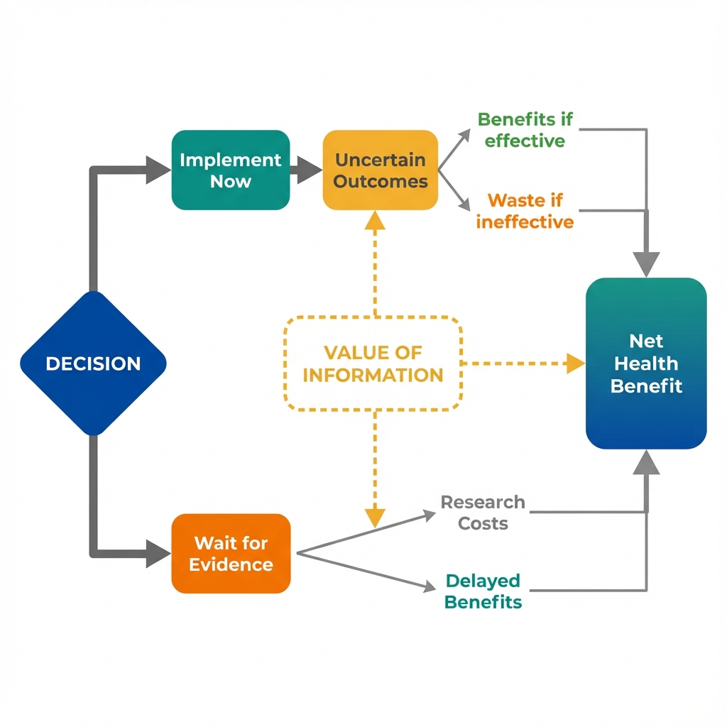 Decision diagram showing two paths: Implement Now (with uncertain outcomes) and Wait for Evidence (with delayed benefits and research costs). Both paths lead to Net Health Benefit, with Value of Information connecting uncertainty to the wait path.