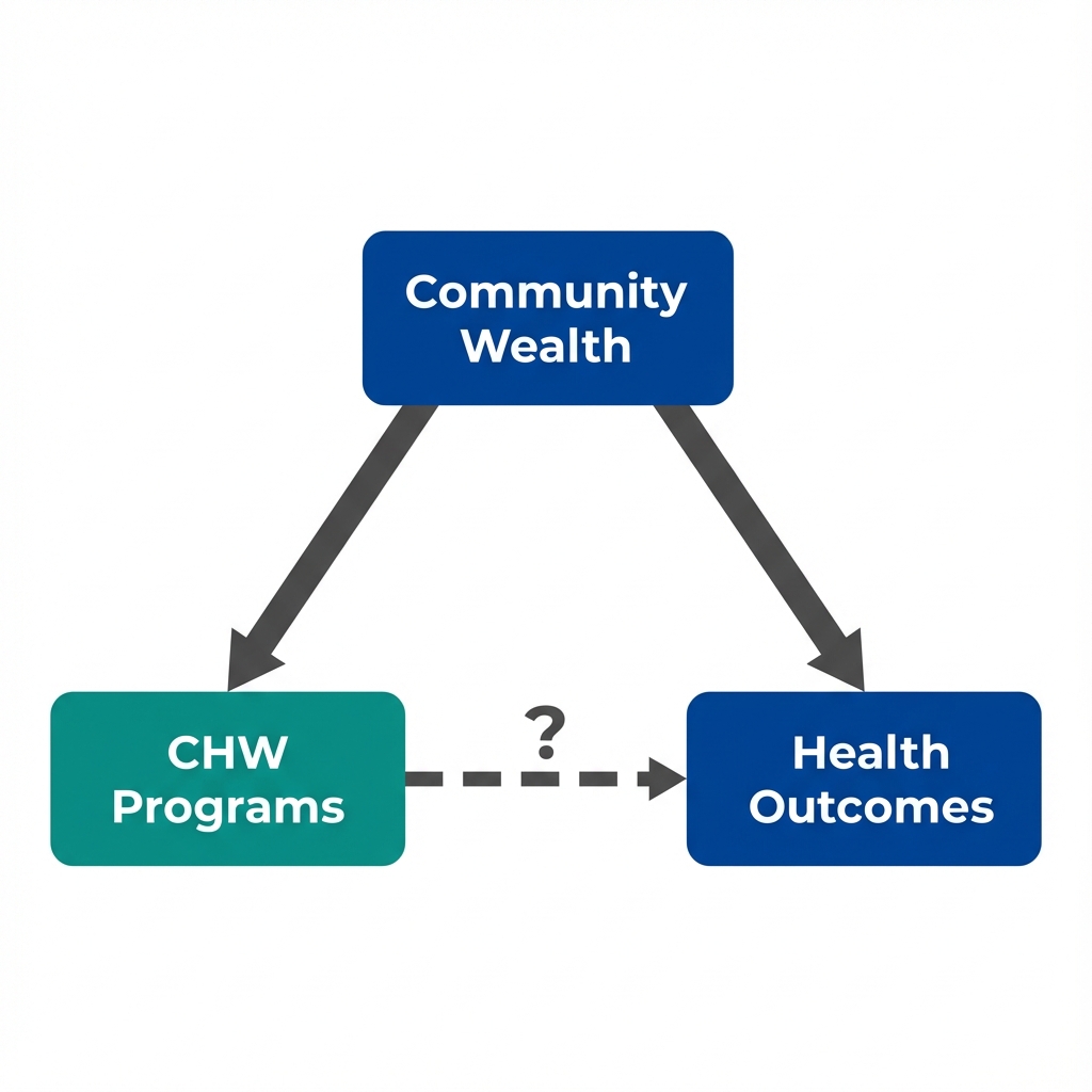Causal diagram showing Community Resources affecting both CHW Program adoption and Health Outcomes, with a dashed arrow from CHW Program to Health Outcomes indicating uncertain causal effect
