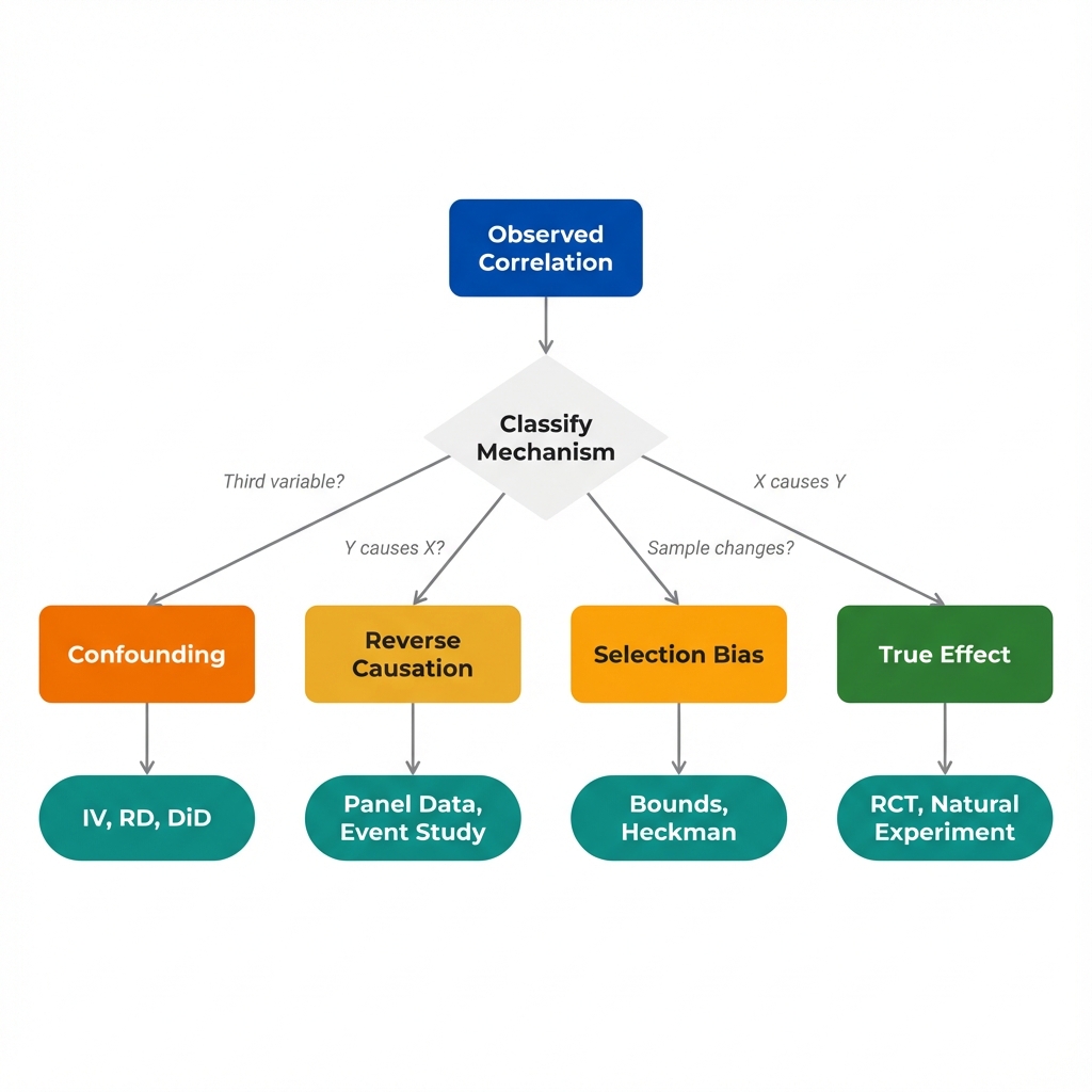Flowchart showing the classification process: from observed correlation through mechanism classification to matched research design, with four mechanism types (confounding, reverse causation, selection bias, true effect) each pointing to specific design strategies