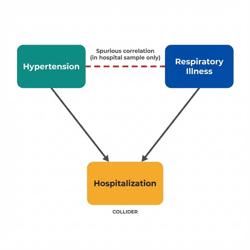Causal diagram showing Hypertension and Respiratory Illness both pointing to Hospitalization, with a dashed line between Hypertension and Respiratory Illness indicating spurious correlation when conditioning on hospitalization