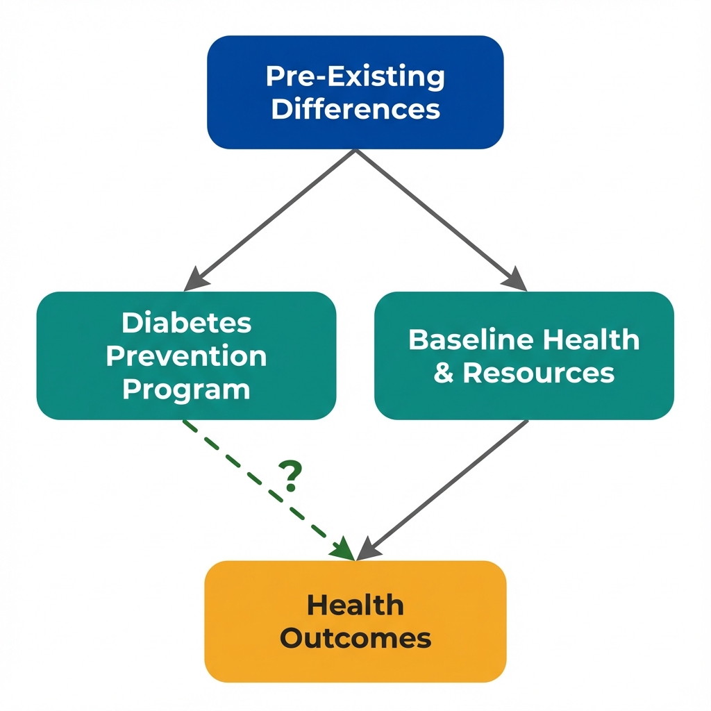 Causal diagram showing pre-existing differences affecting both program adoption and health outcomes, with a dashed arrow from the program to outcomes indicating the uncertain causal effect