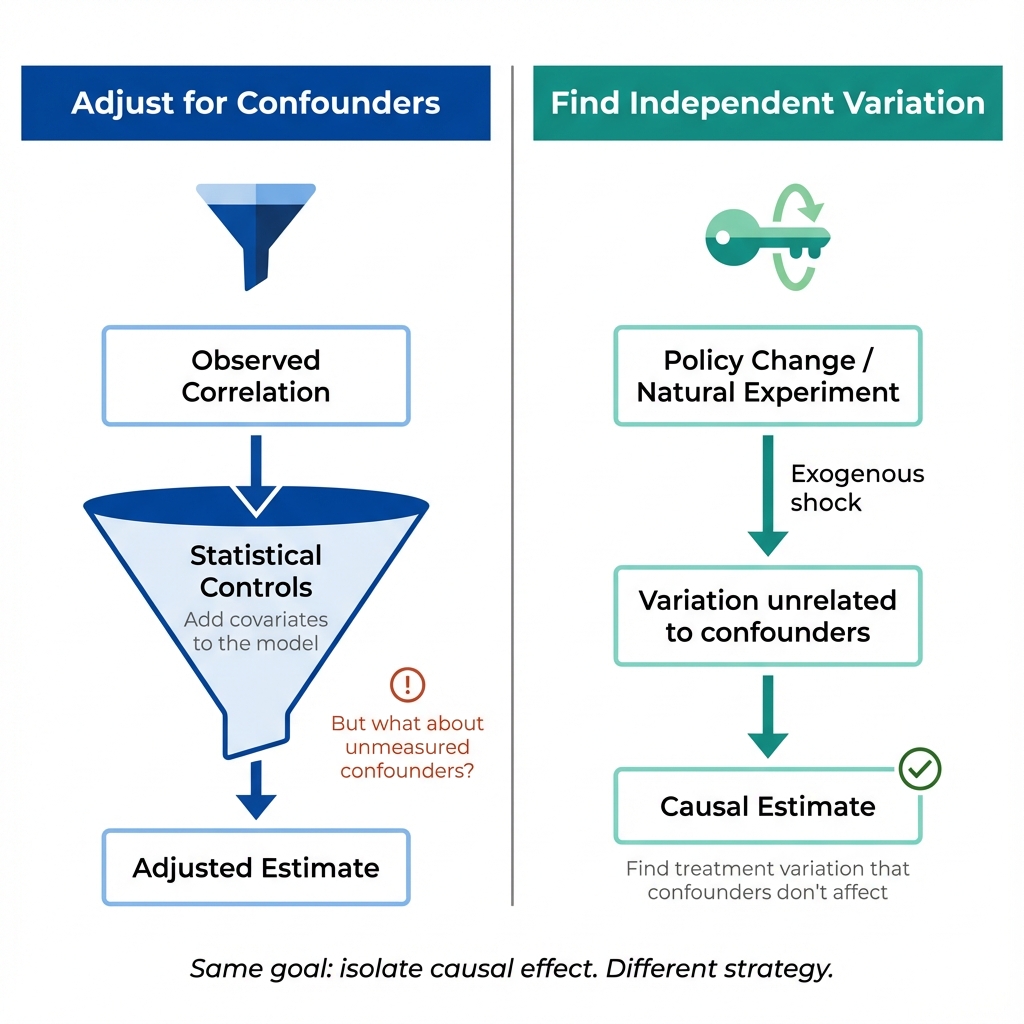 Side-by-side comparison of adjustment-based approach (control for confounders) and design-based approach (find independent variation)