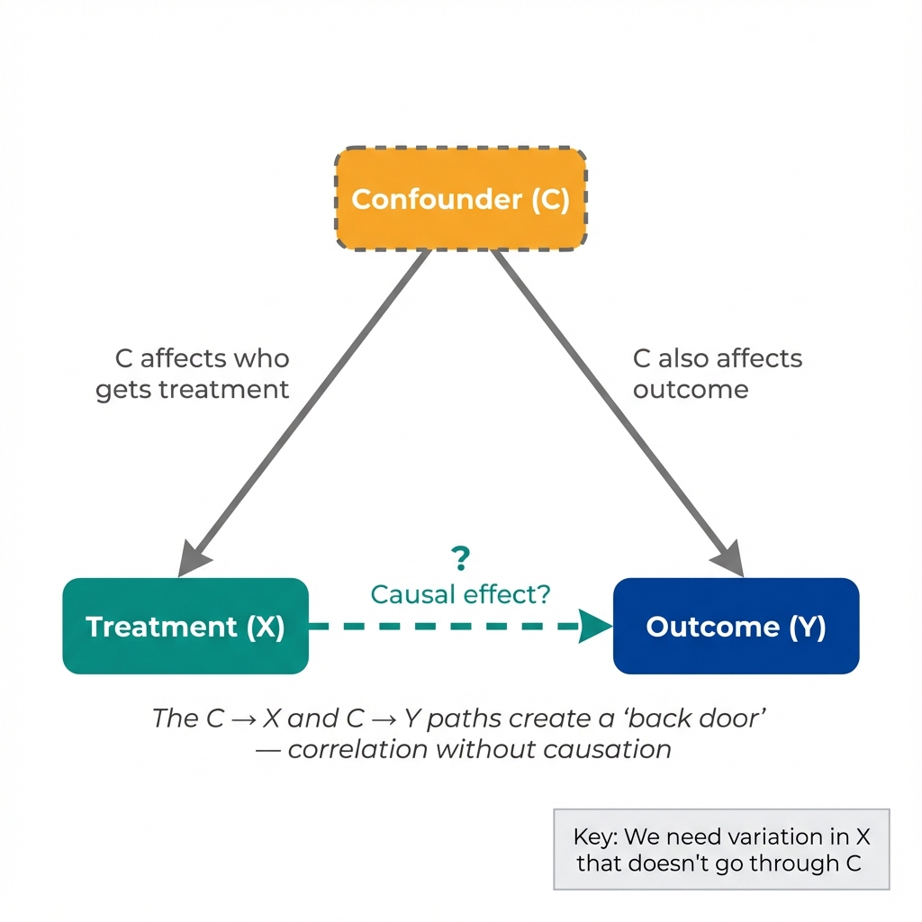 DAG showing confounder C affecting both treatment X and outcome Y, with a dashed arrow from X to Y representing the unknown causal effect