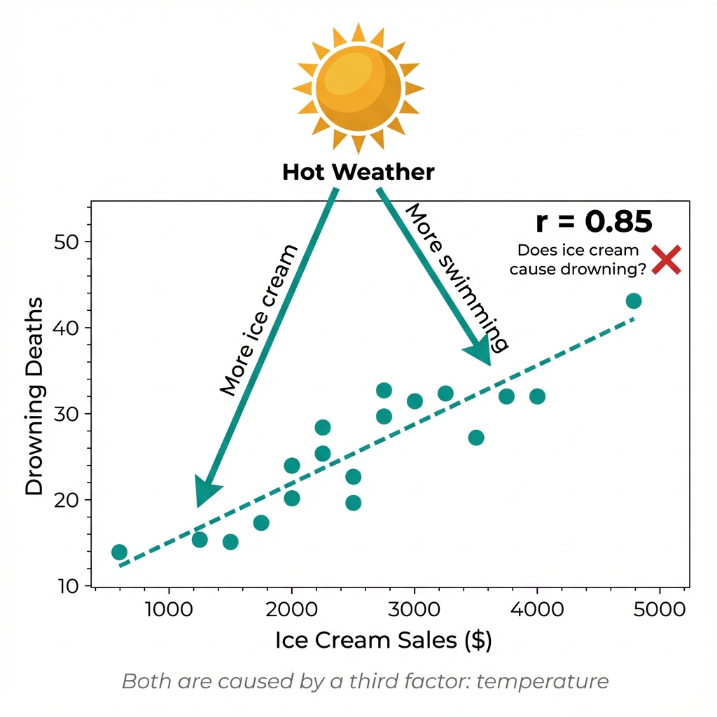 Scatter plot of ice cream sales vs drowning deaths with a sun icon showing that hot weather causes both