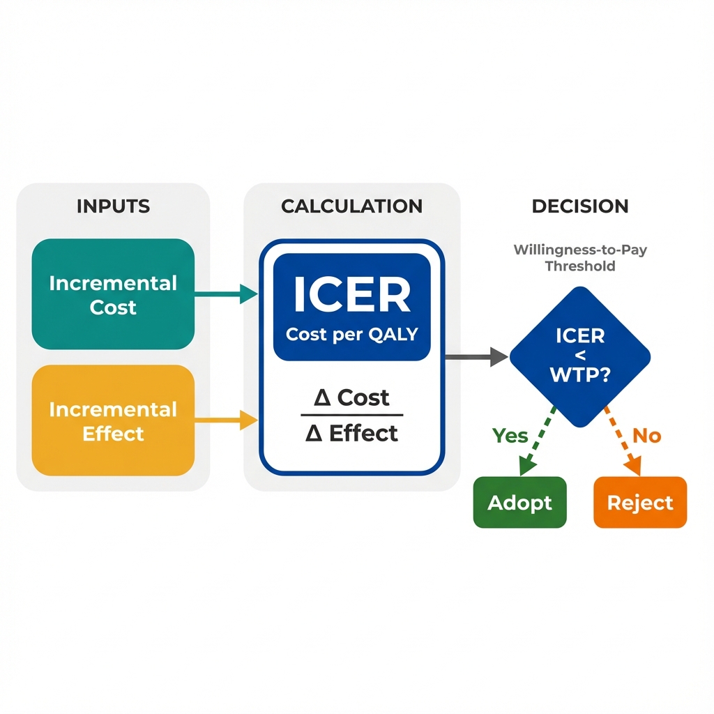 Conceptual diagram showing how the ICER compares incremental costs to incremental effects, with the WTP threshold determining adoption decisions