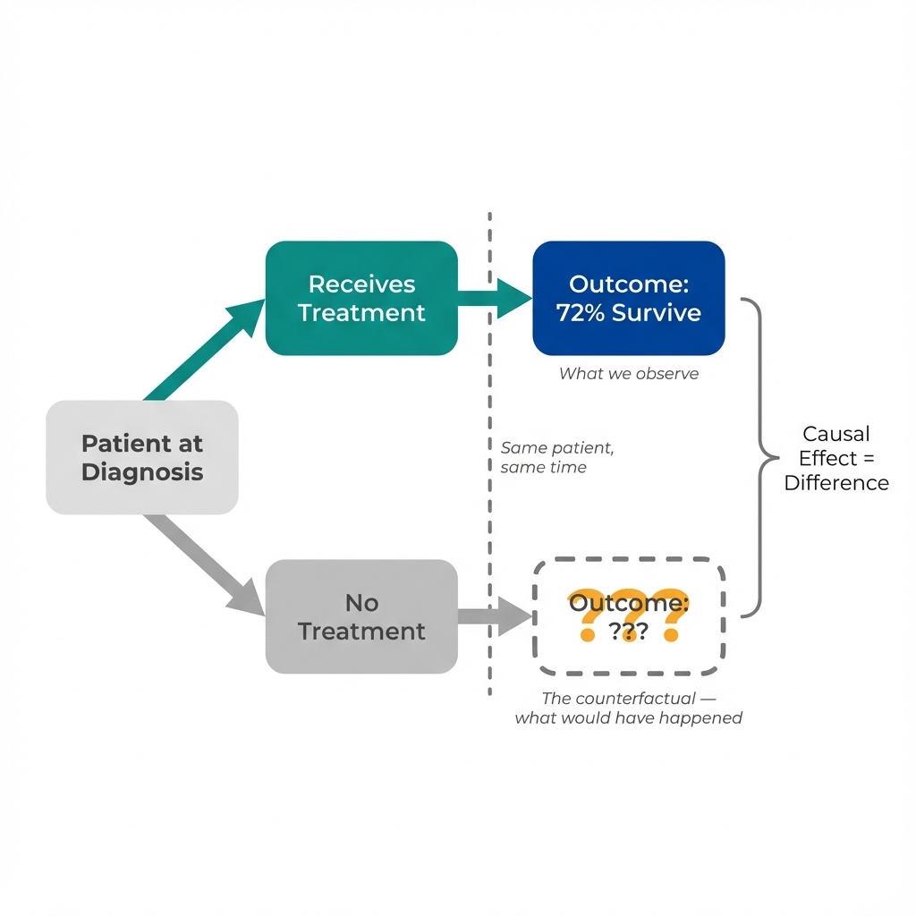 Fork diagram showing two paths: one where Maria receives treatment and one where she doesn't. Only one path can be observed.
