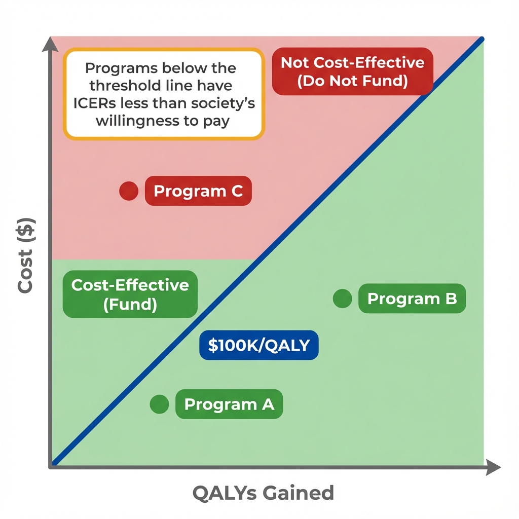 Diagram showing how the willingness-to-pay threshold divides programs into cost-effective (below the line) and not cost-effective (above the line) regions