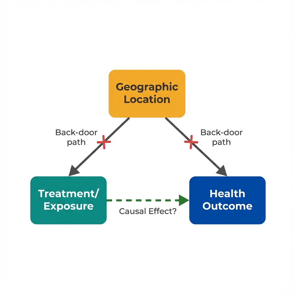 Causal diagram showing Geographic Location as a confounder affecting both Treatment and Health Outcome through separate paths