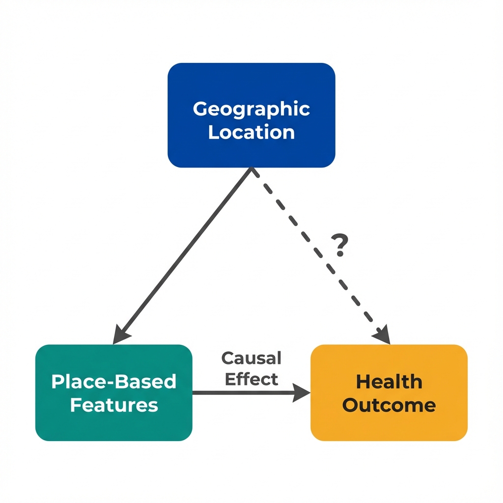 Causal diagram showing Geographic Location directly affecting Health Outcome through place-based treatment, with an arrow from Location to Health Outcome