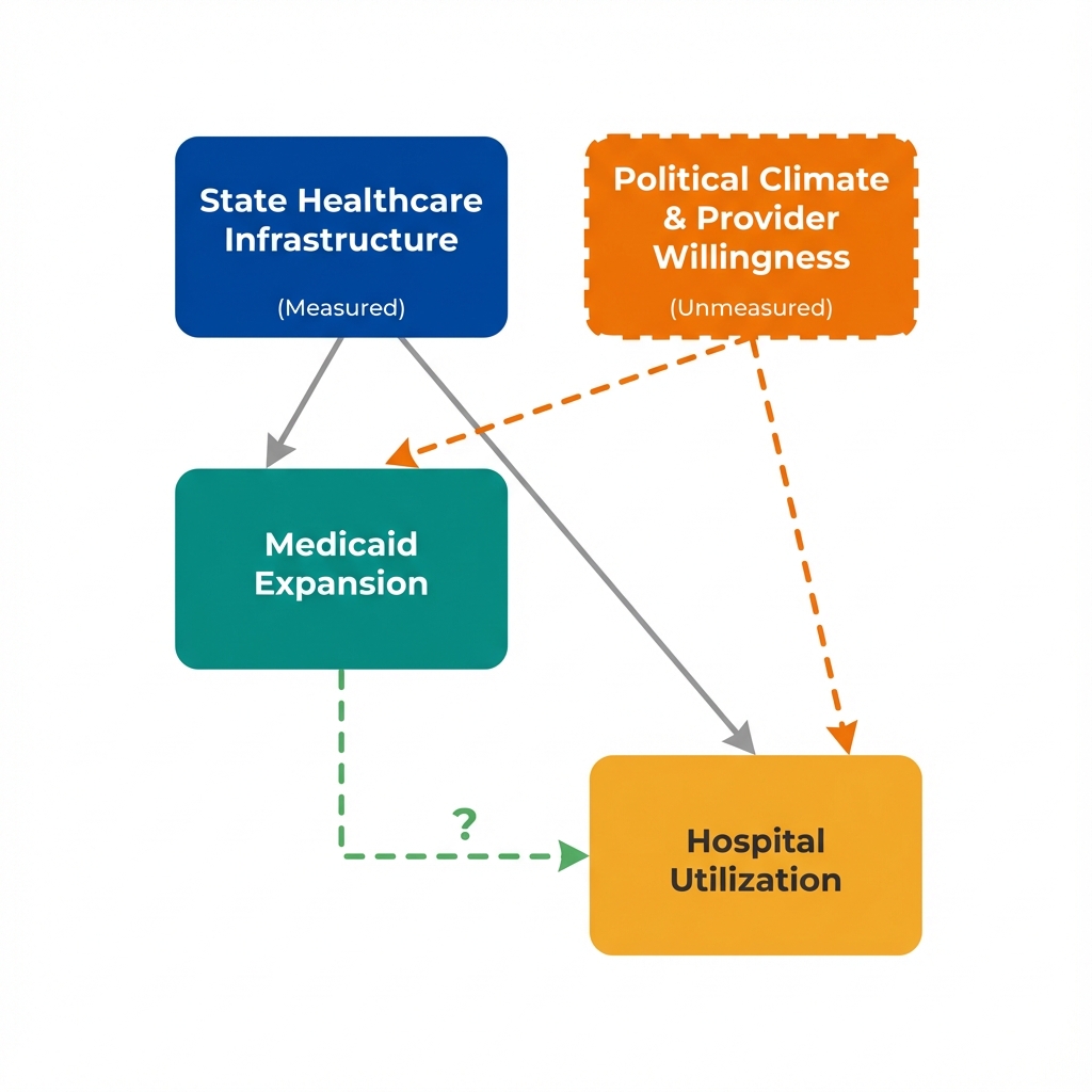 Causal diagram showing both measured (Healthcare Infrastructure) and unmeasured (Political Climate, Provider Willingness) confounders affecting Medicaid expansion and hospital utilization
