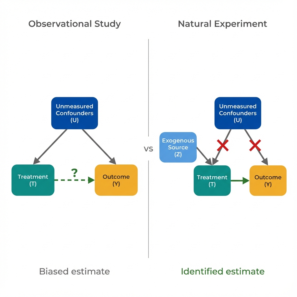 Diagram comparing observational studies where confounders affect both treatment and outcome, versus natural experiments where an exogenous source affects only treatment