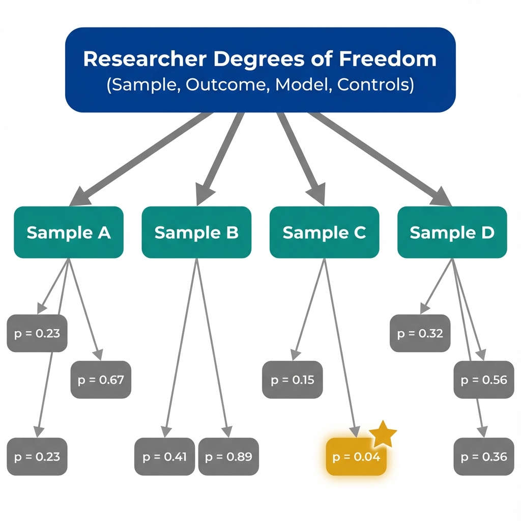 Diagram showing how researcher degrees of freedom (choosing samples, variables, models, and cutoffs) can lead to finding spurious significant results among many null findings