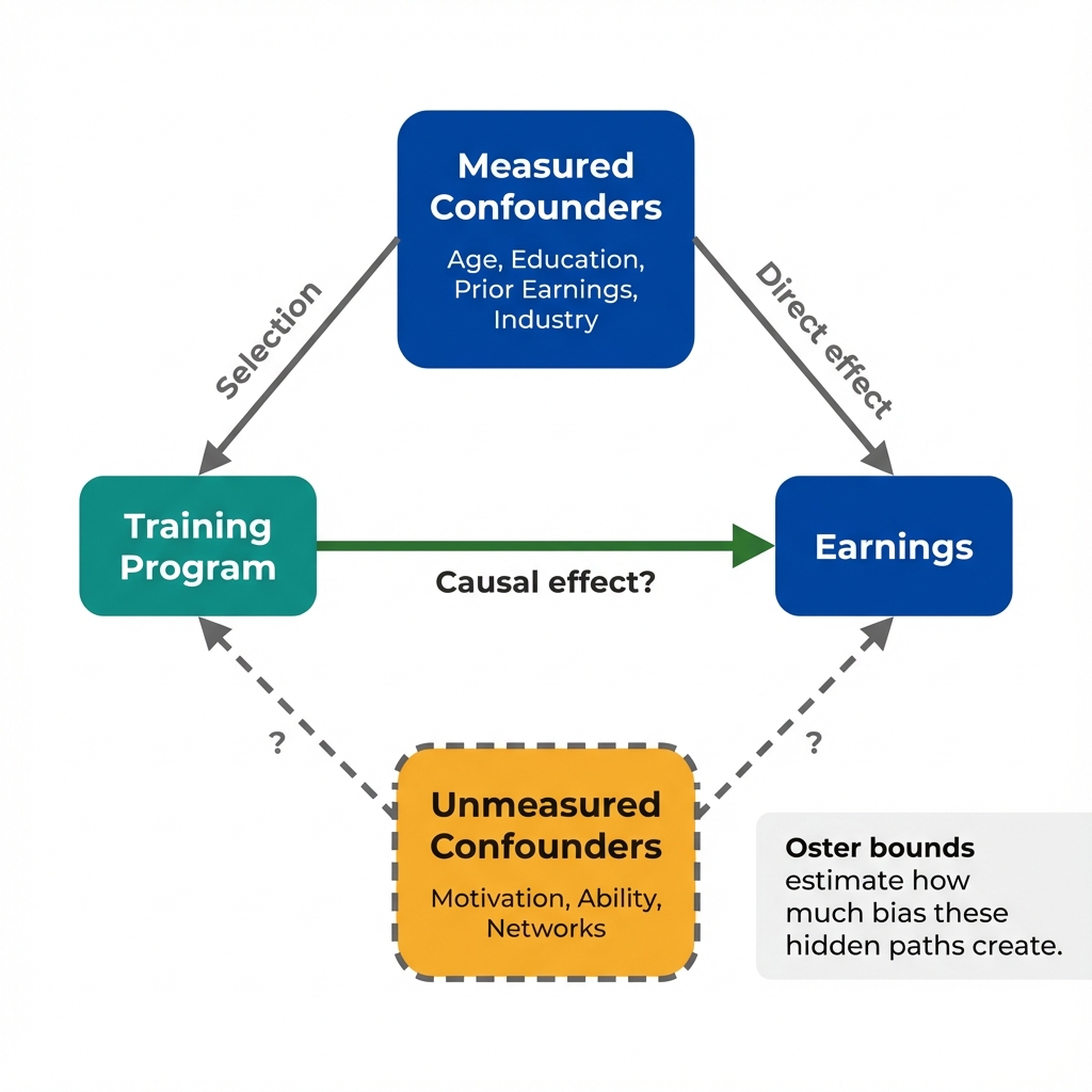 Diagram showing how measured controls explain part of the treatment-outcome relationship, while unmeasured confounders may explain more