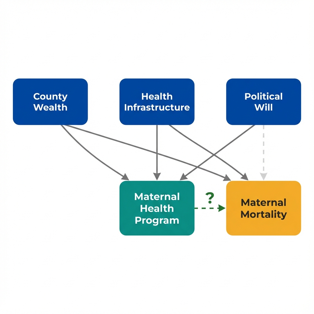 Causal diagram showing multiple factors (wealth, infrastructure, political will) affecting both program adoption and maternal mortality, with a dashed arrow from program to mortality indicating uncertain causal effect