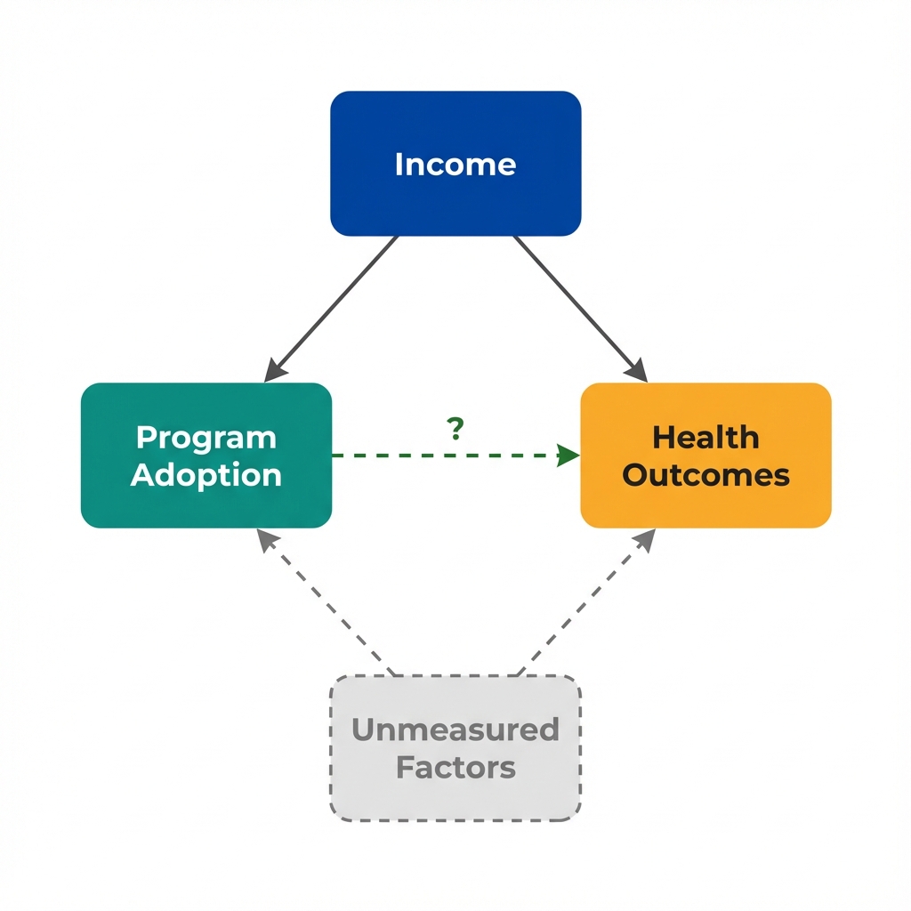 DAG showing Income as a confounder affecting both Program adoption and Hospitalization outcomes, with a dashed arrow from Program to Hospitalization representing the causal effect we want to estimate