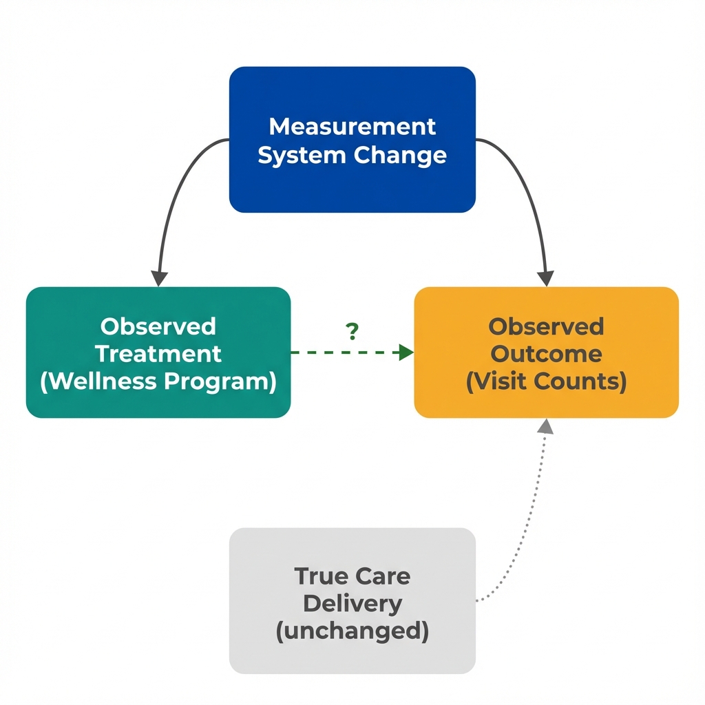 Causal diagram showing how EHR System Change affects both the Wellness Program timing and Recorded Visit Counts, while actual care delivery may remain unchanged