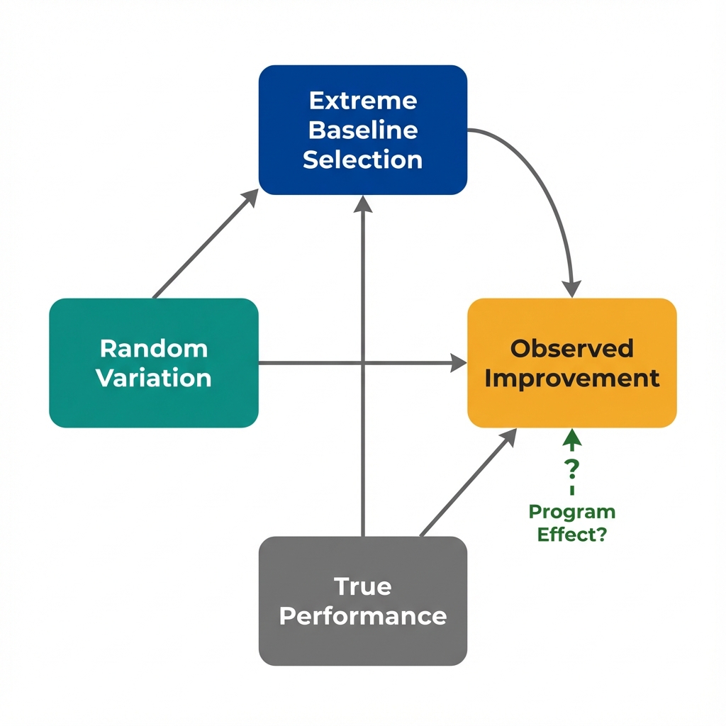 Diagram showing how extreme baseline selection leads to apparent improvement through regression to the mean, not program effects