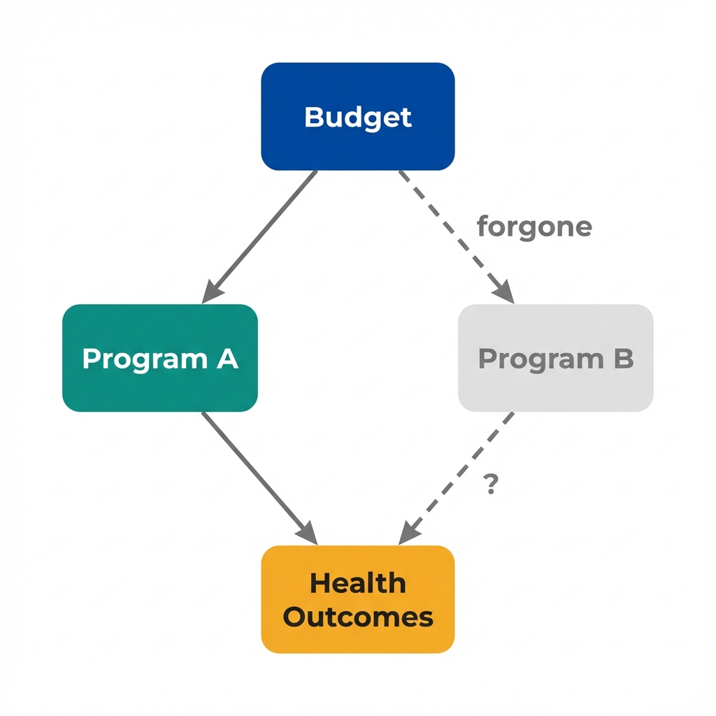 Diagram showing budget flowing to Program A (chosen) while Program B (forgone) is grayed out. Both paths lead to health outcomes, but only Program A's path is solid.